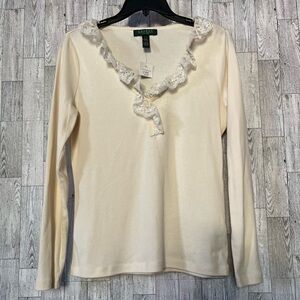 Lauren Ralph Ruffle Women’s Long Sleeve Top Size MP 100% Cotton